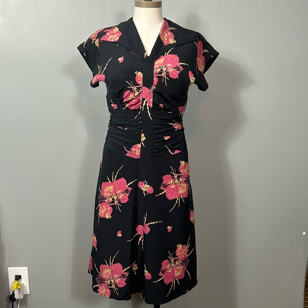 Trashy Diva by Candice Gwinn Silk Black Pink Floral Corset like fit dress size S